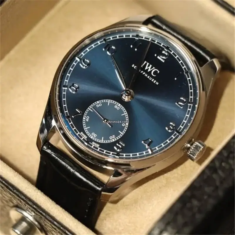 IWC Schaffhausen men's mechanical watch, stainless steel case, alligator leather strap, moon phase display, multi-functional complex wristwatch